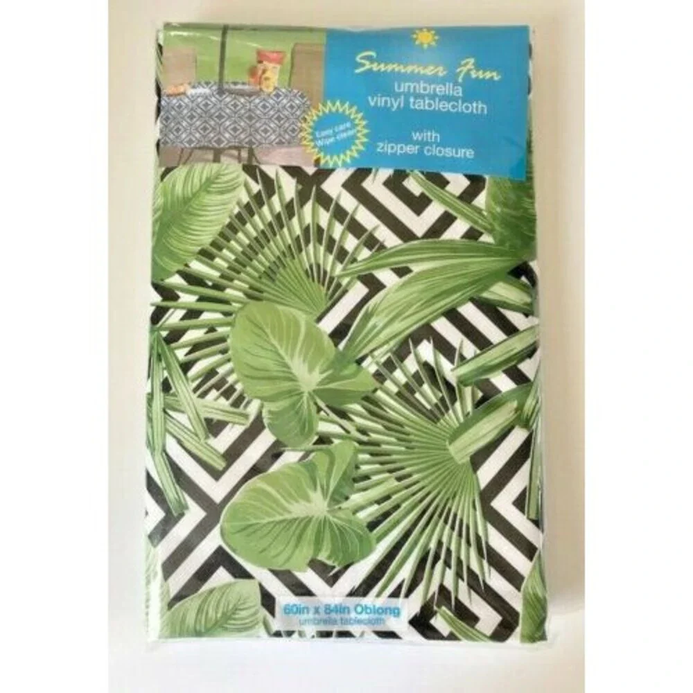 Palm Leaf Tablecloth Zipper Umbrella Hole Flannel Backed Vinyl Beach 52x70”